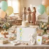 ¿Cuándo hacer el baby shower? La guía completa para organizarlo Mesa decorada para baby shower con globos pastel, cupcakes, torta y una caja de regalo premium Stars Gift de centro de mesa