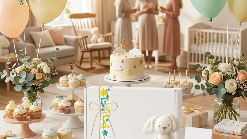 ¿Cuándo hacer el baby shower? La guía completa para organizarlo Mesa decorada para baby shower con globos pastel, cupcakes, torta y una caja de regalo premium Stars Gift de centro de mesa