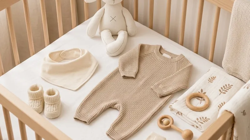 Regalos de nacimiento para bebé: una forma especial de celebrar una nueva vida Ajuar de bebé y peluche de apego de Stars Gift con mordedor y zapatitos tejidos dispuestos en una cuna de madera