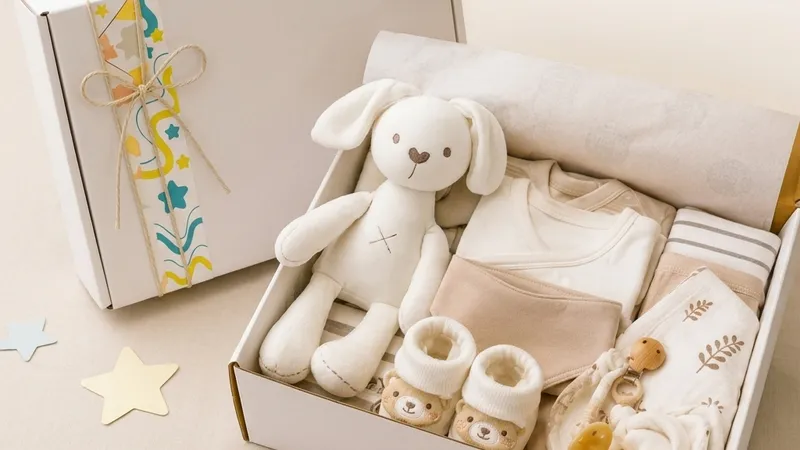 Regalos para bebés originales que realmente sorprenderán a los nuevos padres Caja de regalo para bebé recién nacido Stars Gift abierta sobre fondo beige con peluche de conejito, ajuar y ropa de algodón