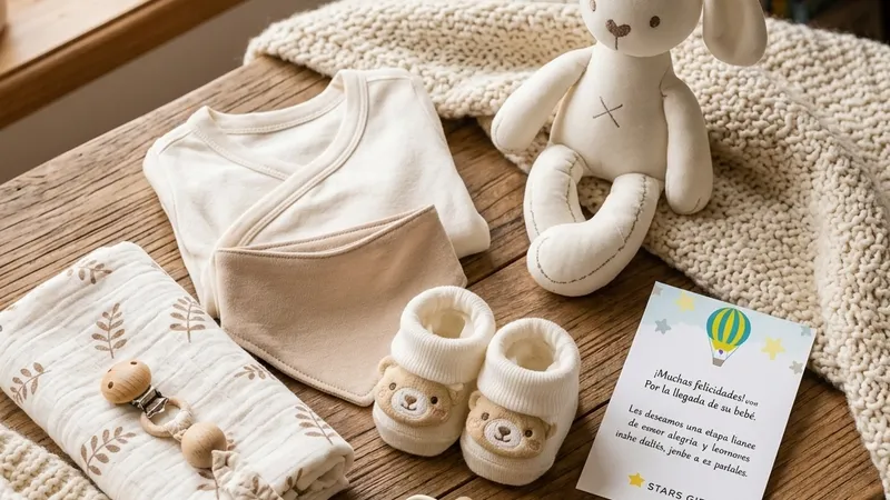 Regalos para bebés recién nacidos: guía completa para elegir el regalo perfecto Conjunto de ajuar para recién nacido con enterito de algodón, zapatitos de oso, mordedor y peluche de conejito Stars Gift sobre mesa de madera